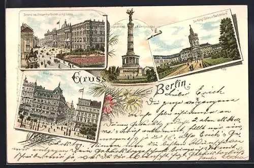 Lithographie Berlin, Denkmal des Grossen Kurfürsten und Königliches Schloss, Unter den Linden