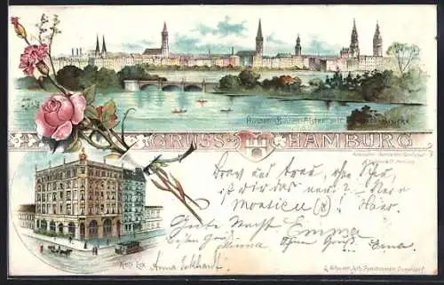 Lithographie Hamburg, Aussen und Binnen-Alster mit Lombard-Brücke