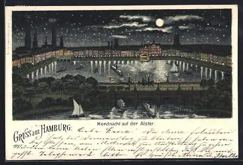 AK Hamburg, Mondnacht auf der Alster