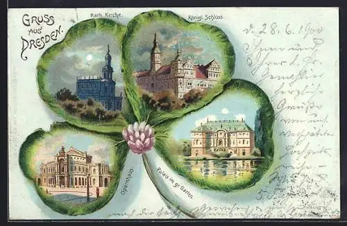 Passepartout-Lithographie Dresden, Kath. Kirche, Königl. Schloss, Opernhaus, Palais im gr. Garten, im Glücksklee