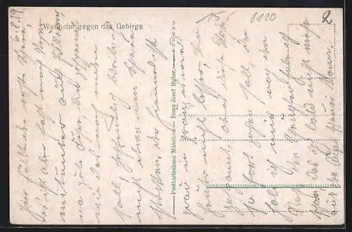 Künstler-AK Weilheim / Oberbayern, Ortsansicht gegen das Gebirge