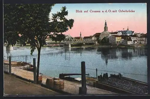 AK Crossen / Krosno Odrz, Panorama mit Oderbrücke