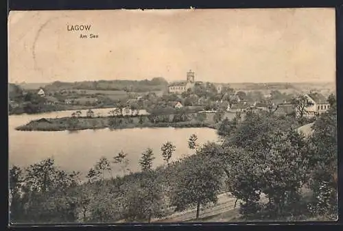 AK Lagow, Ortsansicht am See aus der Vogelschau