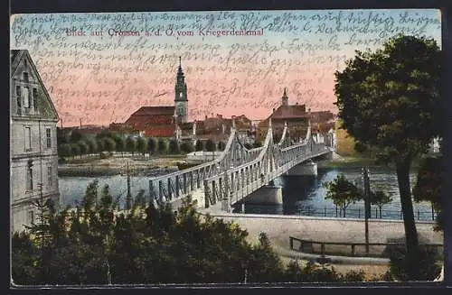 AK Crossen a. d. O., Blick vom Kriegerdenkmal mit Brücke