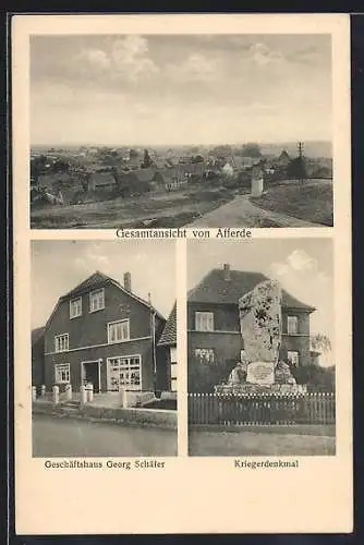AK Afferde / Unna, Geschäftshaus Georg Schäfer, Kriegerdenkmal, Ortsansicht