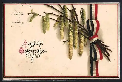 Künstler-AK Herzliche Ostergrüsse mit Weidenkätzchenzweig