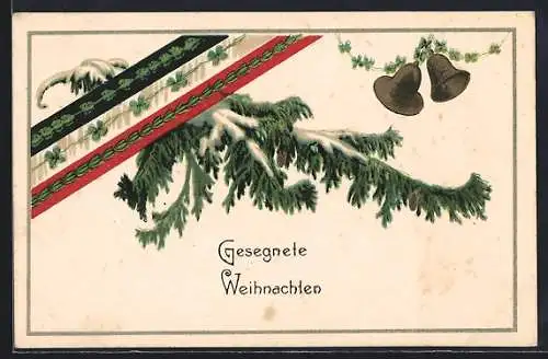 AK Gesegnete Weihnachten, Verschneiter Tannenzweig mit Reichsfahne