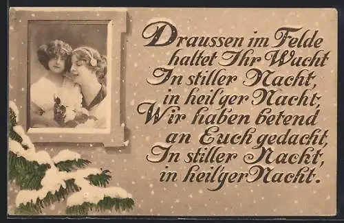 AK Mutter und Tochter denken an Weihnachten an den Vater im Krieg