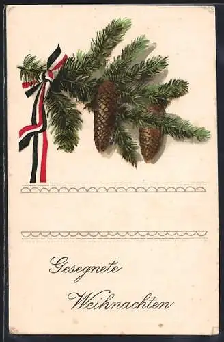 AK Gesegnete Weihnachten, Tannenzweig mit Reichsfahne