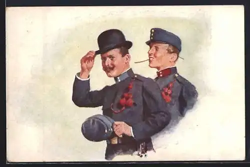 AK Zwei österreichische Soldaten in Uniform mit Schirmmütze