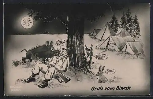 AK Biwak-Zelte, davor schlafender Wachsoldat wird nachts von einem Wildschwein abgeleckt und denkt es wäre die Liebste