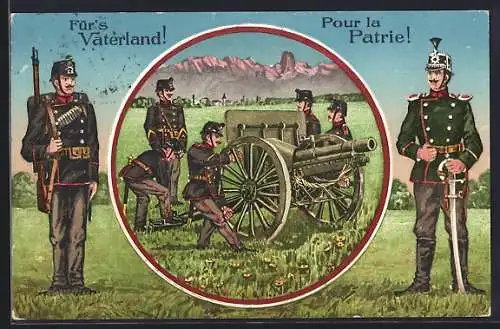 Künstler-AK Schweizer Soldaten, Feldgeschütz-Übung