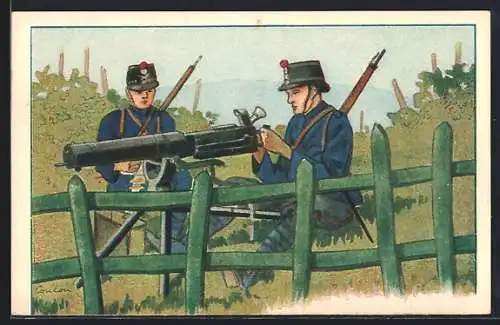 Künstler-AK Schweizer Soldaten in Uniform mit Maschinengewehr