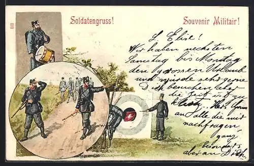 Künstler-AK Schweizer Soldaten in Uniform auf dem Marsch, Trommler