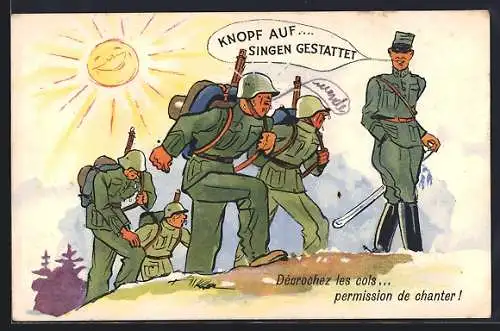 Künstler-AK Schweizer Soldaten beim Marsch, Knopf auf...Singen gestattet