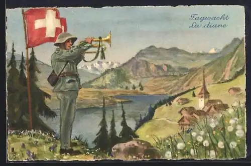 Künstler-AK Schweizer Soldat in Uniform bei Tagwacht