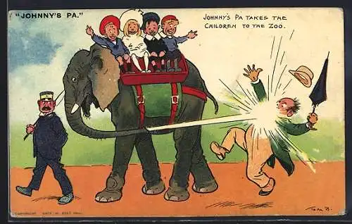 Künstler-AK Johnny`s Pa takes the Children to the Zoo, Elefant spritzt einen Herrn nass