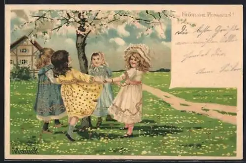 Künstler-AK Alfred Mailick: Kinder tanzen um einen Baum, Pfingstgruss