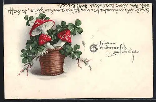 Künstler-AK Neujahrsgruss, Fliegenpilz u. Glücksklee Korb