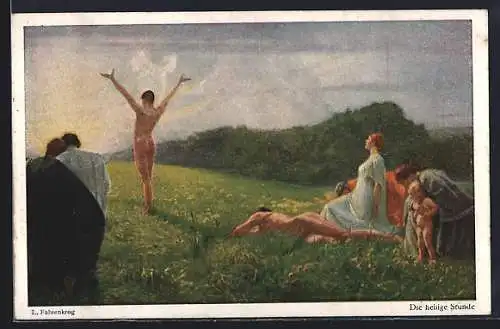 Künstler-AK Ludwig Fahrenkrog: Die heilige Stunde, Bekleidete Frauen und unbekleidete Männer auf einer Wiese