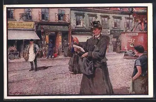 AK Rotes Kreuz Nr. 573, Stilles Heldentum, Rote Kreuz Schwester trägt in Stadt Briefe aus, Strassenbahn