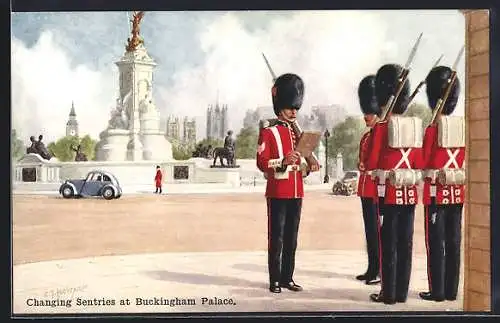 Künstler-AK London, Changing Sentries at Buckingham Palace, britische Soldaten beim Wachwechsel