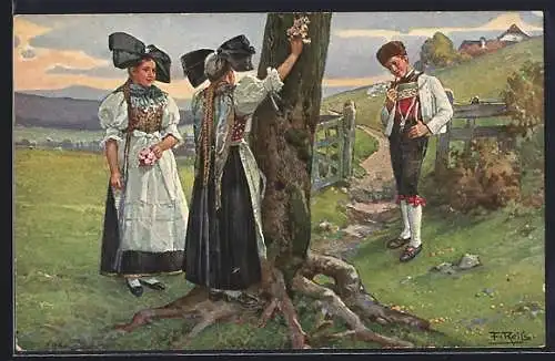 Künstler-AK Fritz Reiss: Schwarzwälder Leben, Mädchen mit Jungen auf der Wiese vor dem Dorf, Tracht