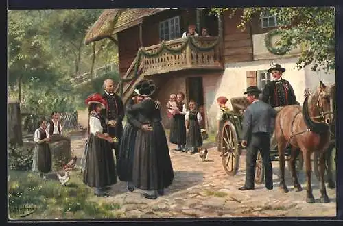 Künstler-AK Heinrich Hoffmann: Abschied vom Elternhaus, Menschen in Tracht und Kutsche