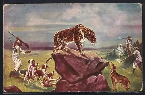 Künstler-AK Ludwig Fromme: Jagd auf eine Jaguar in Afrika