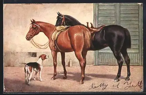 Künstler-AK Carl Reichert: Gesattelte Pferde und Beagle