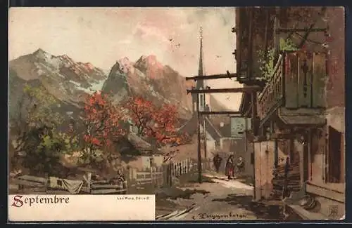 Künstler-AK T.Guggenberger: Allegorie, September, Ortsansicht an einem Herbstabend