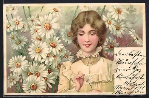 AK Junge Dame mit Gänseblumen, Jugendstil
