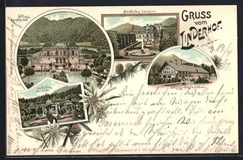 Lithographie Linderhof, Schloss, Schloss-Restaurant, Südliches und nördliches Parterre