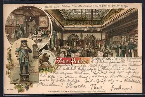 Lithographie Heidelberg, Hotel garni, Wein- u. Bier-Restaurant zum Perkeo mit Innenansicht