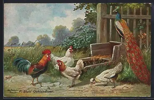 Künstler-AK Alfred Schönian: Hühner, Hahn und Pfau am Zaun