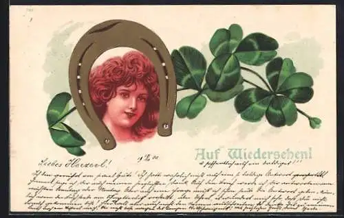 AK Portrait eines Fräulein im Hufeisen, Kleeblätter, Jugendstil