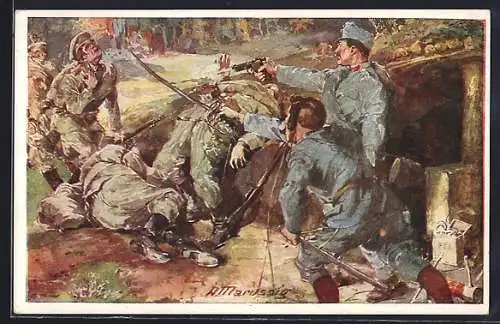 Künstler-AK A. Marussig: Offiziersdiener Ferdinand Brudek rettet mit wohlgezielten Schüssen seinen Herrn, Rotes Kreuz