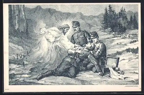 Künstler-AK Jesus erscheint vor verwundetem Soldaten, Spendenaufruf