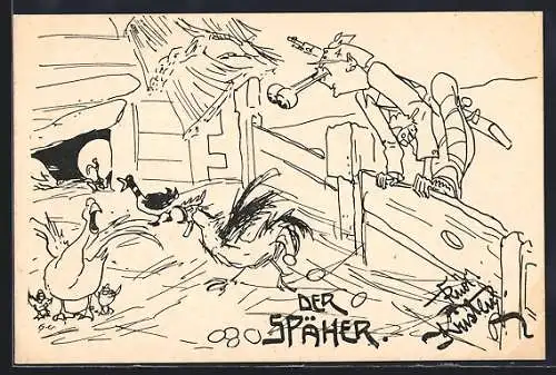 Künstler-AK Rud. Kristen: Der Späher, Hühner im Auslauf