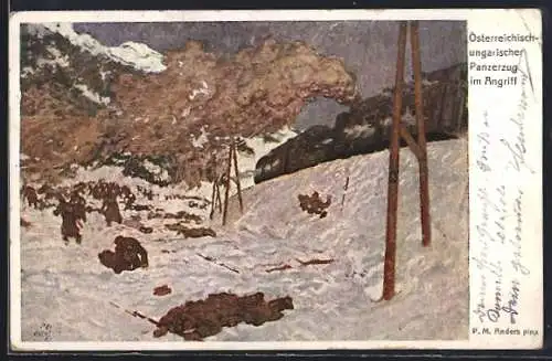 Künstler-AK P. M. Anders: Rotes Kreuz Nr. 234, österr.-ung. Panzerzug im Angriff