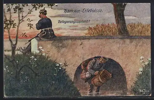 Künstler-AK Arthur Thiele: Hamster-Erlebnisse, Belagerungszustand, Polizei