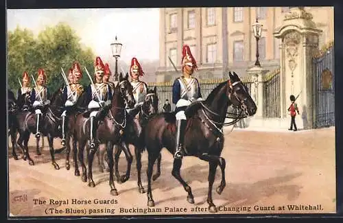 AK The Royal Horse Guards, The Blues, passing Buckingham Palace after Changing Guard at Whitehall