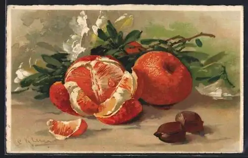 Künstler-AK Catharina Klein: Orangen mit Haselnüssen und weissen Blumen