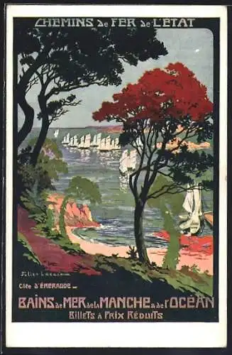 Künstler-AK Cote d`Emeraude, Chemins de Fer de l`Etat, Uferpartie mit Booten