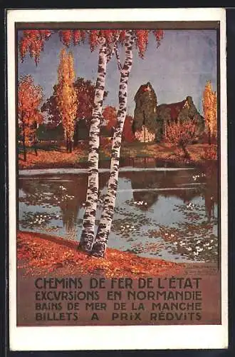 Künstler-AK Chemins de Fer de l`État, Excurions en Normandie, Bains de Mer de la Manche, Idyll mit Birken