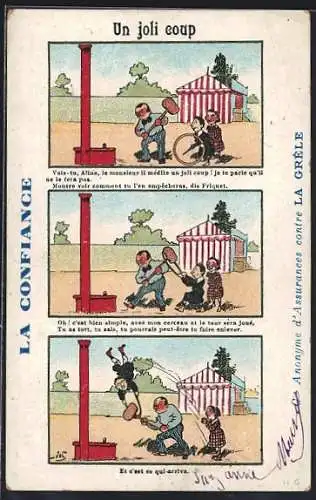 AK Un joli coup, Bildergeschichte über ein Ungeschick auf dem Volksfest, Karikatur
