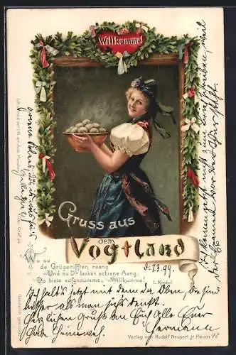 Künstler-AK Frau in vogtländischer Tracht mit Klössen