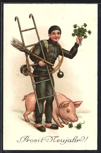 AK Prosit Neujahr, Schornsteinfeger mit Schwein und Glücksklee