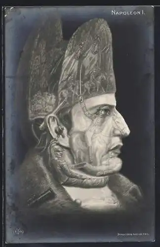 AK Napoleon, Portrait gebildet aus Soldaten und Schlachtengetümmel, Metamorphose