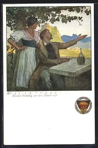 Künstler-AK Karl Friedrich Gsur, Deutscher Schulverein NR 461: Paar am Tisch unterm Baum bei einem Glas Wein
